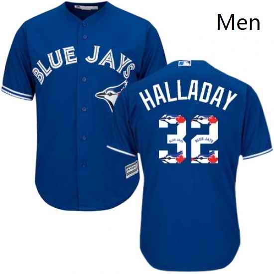 Mens Majestic Toronto Blue Jays 32 Roy Halladay Authentic Blue Team Logo Fashion MLB Jersey